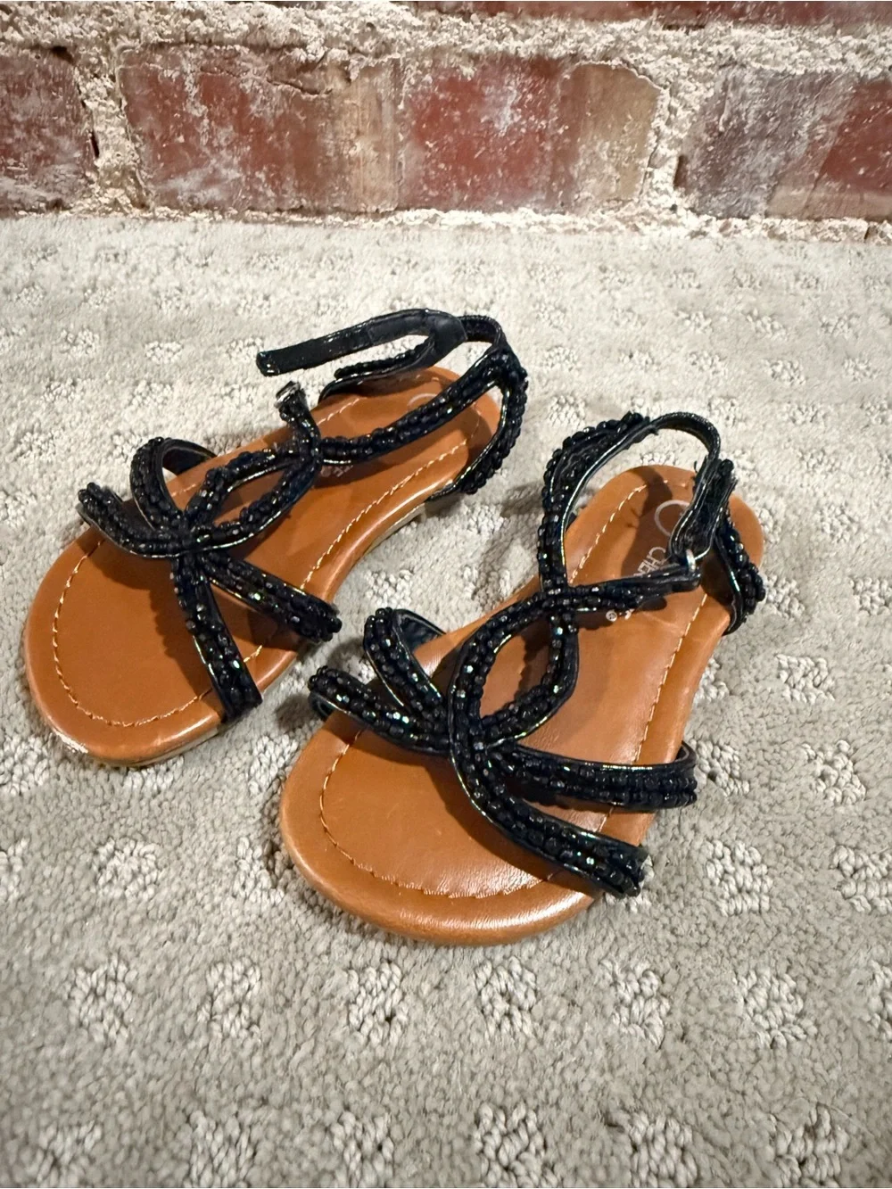 Cherokee Black Beaded Strappy Sandals with Tan Footbed